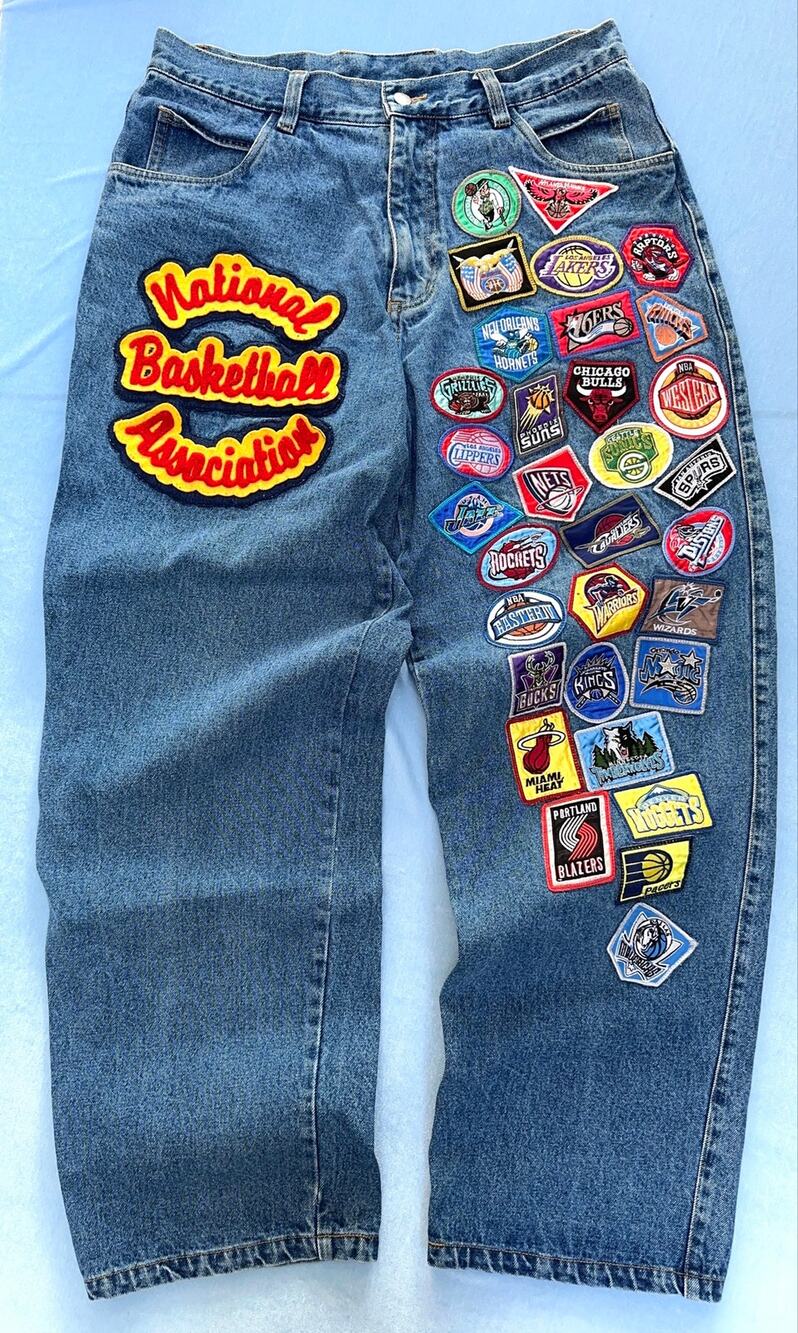 Vintage Jeff Hamilton NBA Patchwork Jeans Size 34 Baggy All Team Patch Y2K Denim